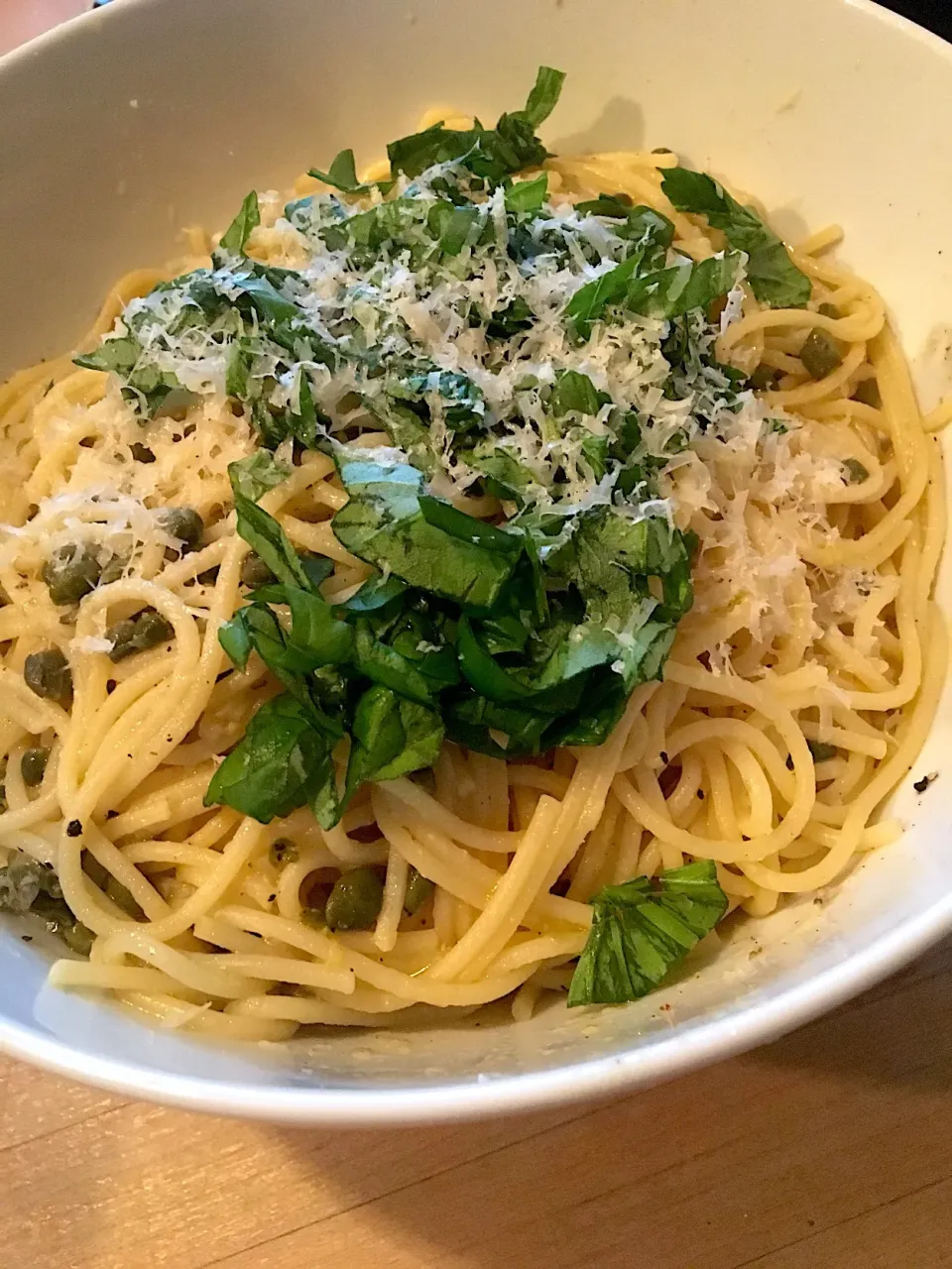 Snapdishの料理写真:Lemon and fried caper spaghetti. The hubs ate three bowls.|emilyDeSantoさん