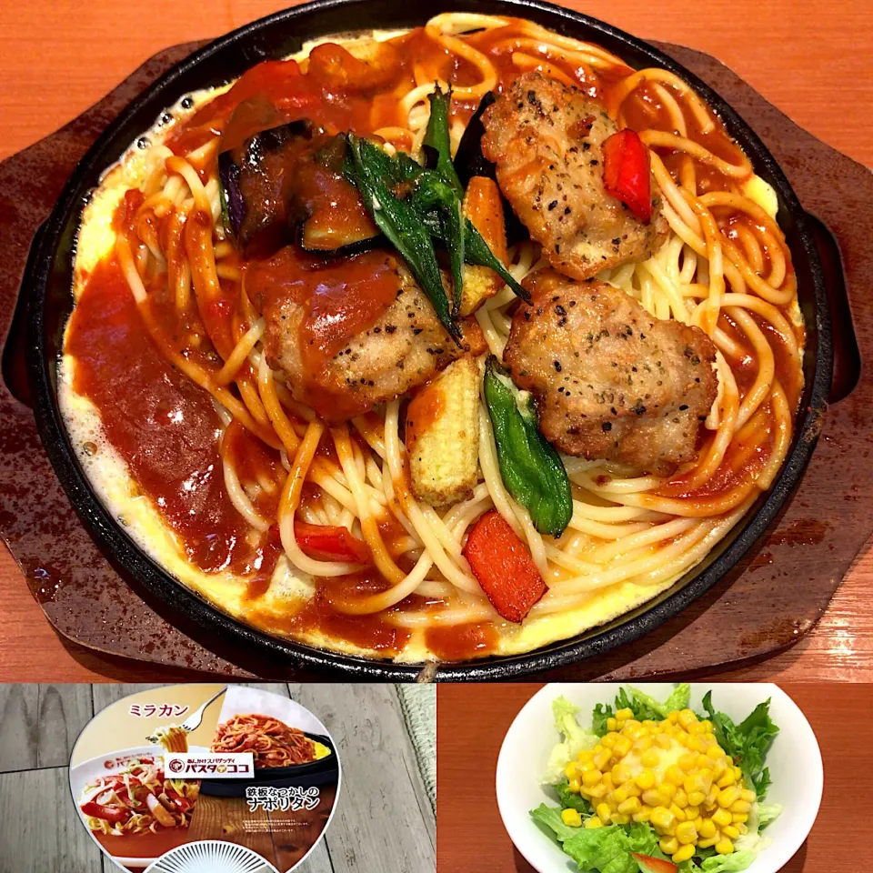 Snapdishの料理写真:夏野菜とレモン🍋ハーブ🌿チキンの
トマト🍅あんかけスパ🍝
コーンと🌽ポテト🥔のサラダ🥗|るみおんさん