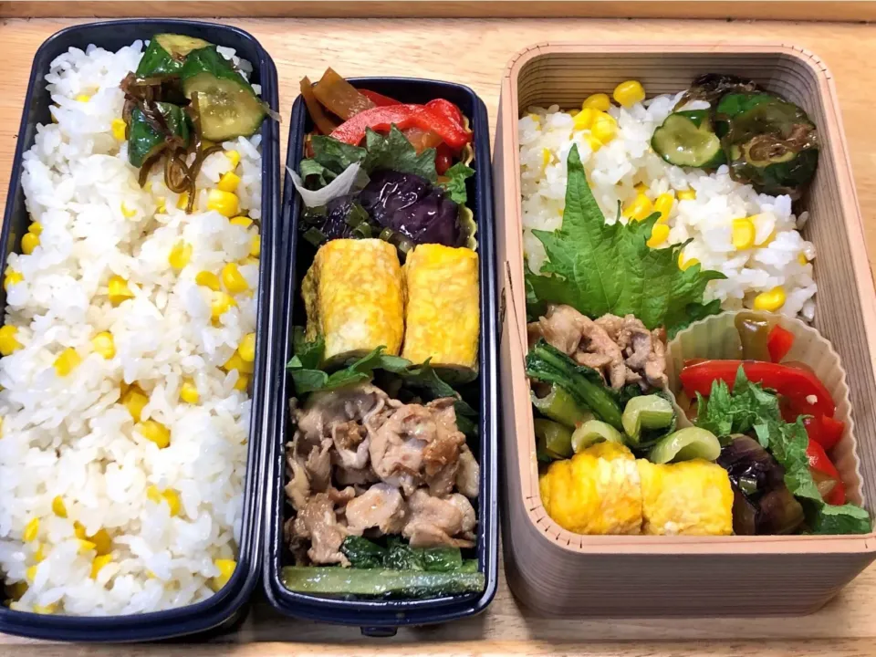 豚と小松菜のマヨポン炒め。トウモロコシごはん。|弁当 備忘録さん