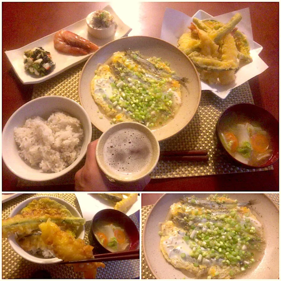 Snapdishの料理写真:Today‘s Dinner🍴前菜･ししゃもの卵とじ･お惣菜天麩羅<海老･茄子･ｱｽﾊﾟﾗｶﾞｽ･南瓜･さつまいも>･もち麦飯･白菜と人参のお味噌汁|🌈Ami🍻さん