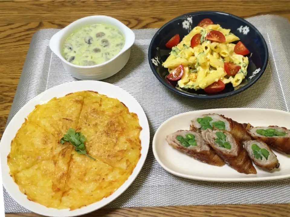 romieさんの料理 にんにくアボカドスープ・ペンネサラダ・いんげんの豚巻きソテー・じゃがいものチーズガレット|美也子さん