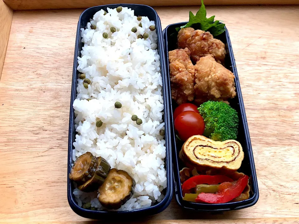 唐揚げ 弁当。実山椒の醤油漬け混ぜご飯。|弁当 備忘録さん