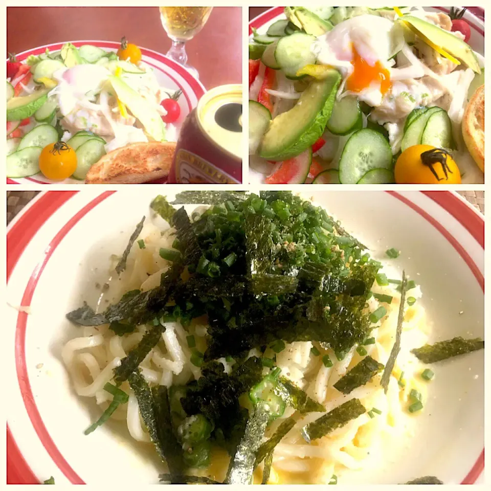 Snapdishの料理写真:Caesar salad🥗ﾍﾞｰｺﾝとﾁｰｽﾞのｼｰｻﾞｰｻﾗﾀﾞ
Udon w/butter cod roe&Sea weed✨ﾊﾞﾀｰﾀﾗｺうどぉん|🌈Ami🍻さん