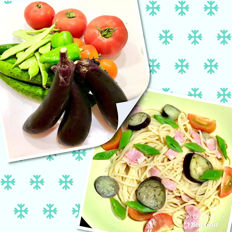 畑で採れた野菜で🍆🍅🥒
野菜たっぷりのシンプルパスタ😋|いしくん。（たまご王子🥚🐣🐥🐔）さん