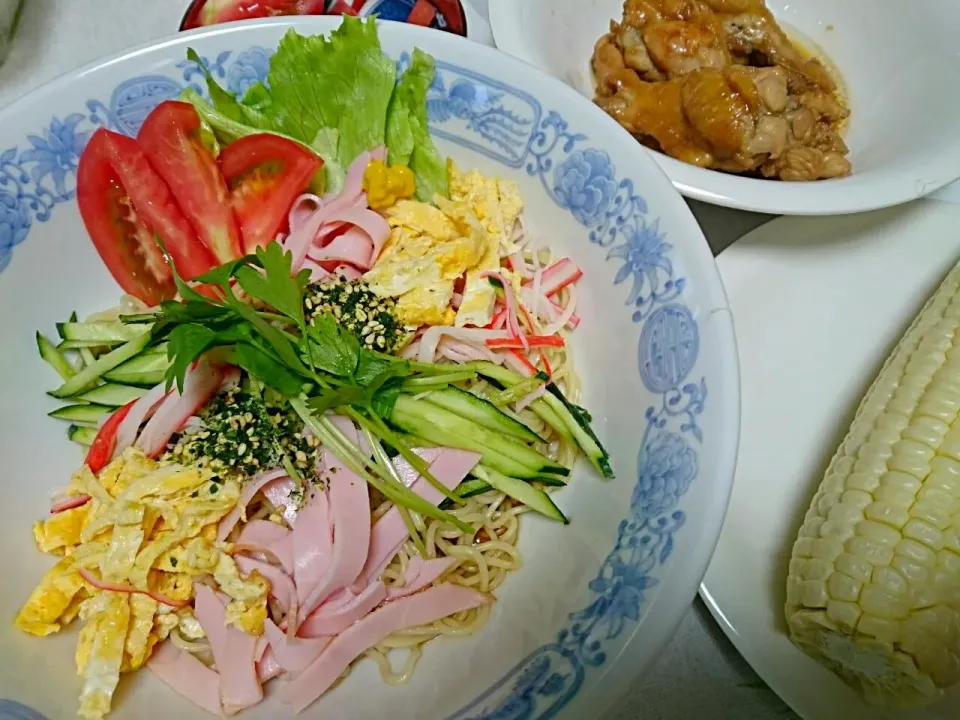 ☆今日の晩ごはん☆　この夏初めての冷麺　酢とり煮　パパの大好きなとうもろこし|hamamaさん