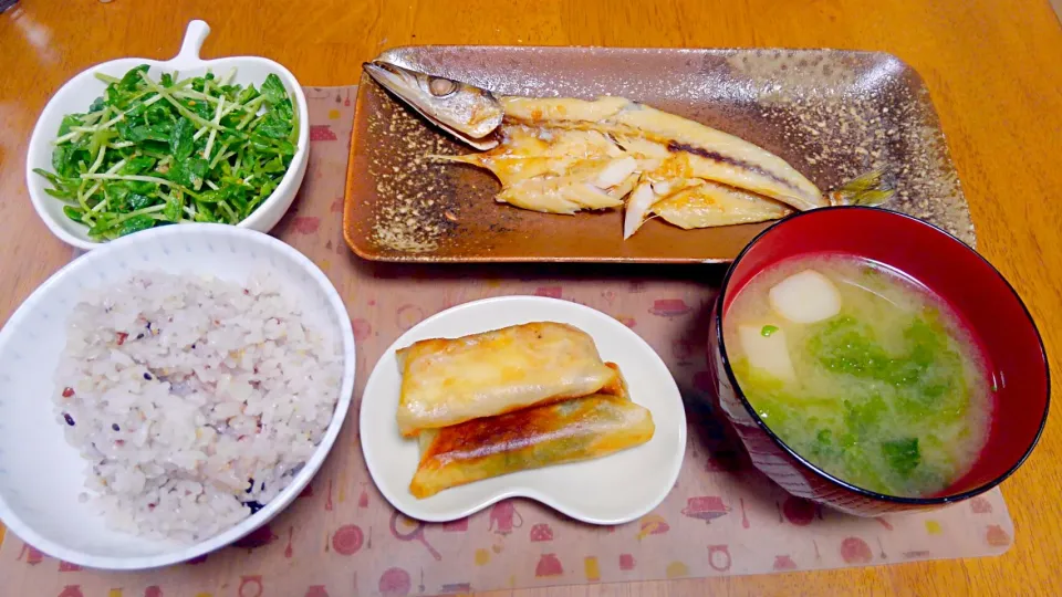 ６月１０日　かますの干物　豆苗サラダ　たけのことツナの大塲チーズ春巻き　あおさのお味噌汁|いもこ。さん