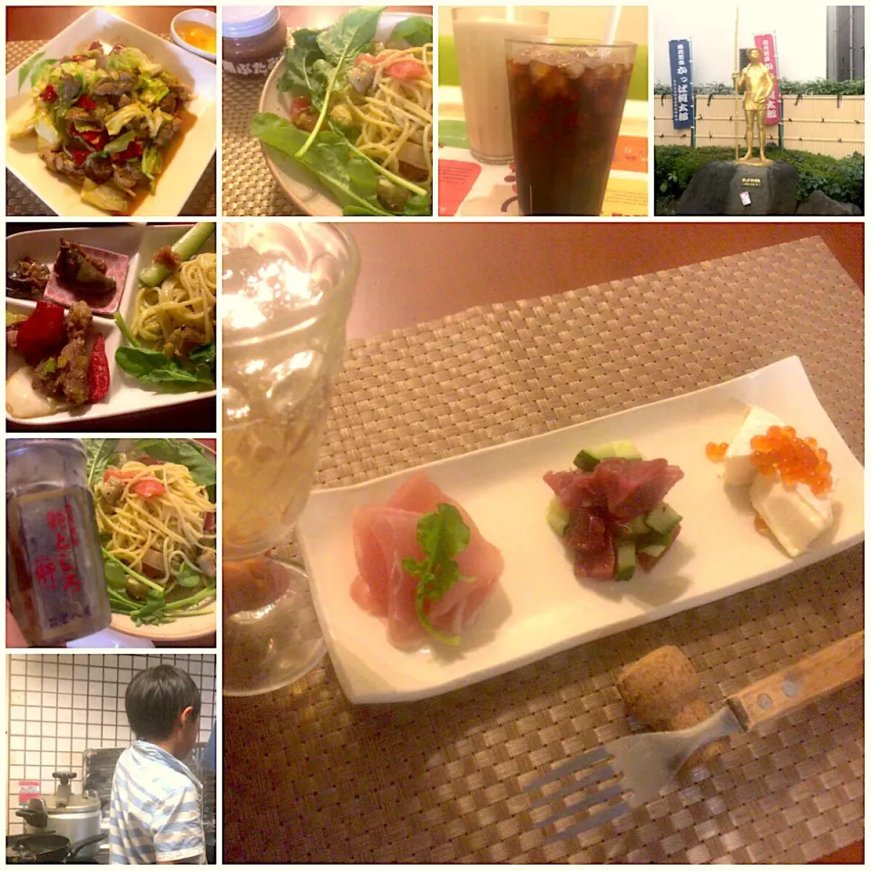 Yesterday‘s Dinner🍴前菜<ﾚﾓﾝ生ﾊﾑ･鮪&胡瓜･ｶﾏﾝﾍﾞｰﾙいくら>･黒豚味噌deｱﾎﾞｶﾄﾞ､ﾄﾏﾄ､焼き茄子の冷製ﾊﾟｽﾀ 鮑の肝･ﾗﾑ肉の回鍋肉 生卵|🌈Ami🍻さん