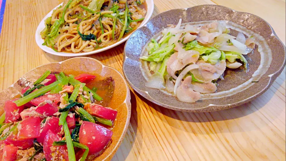 豚肉と野菜の塩ダレ炒め☆焼きうどん☆小松菜とトマトのツナ和え|みぽりんさん