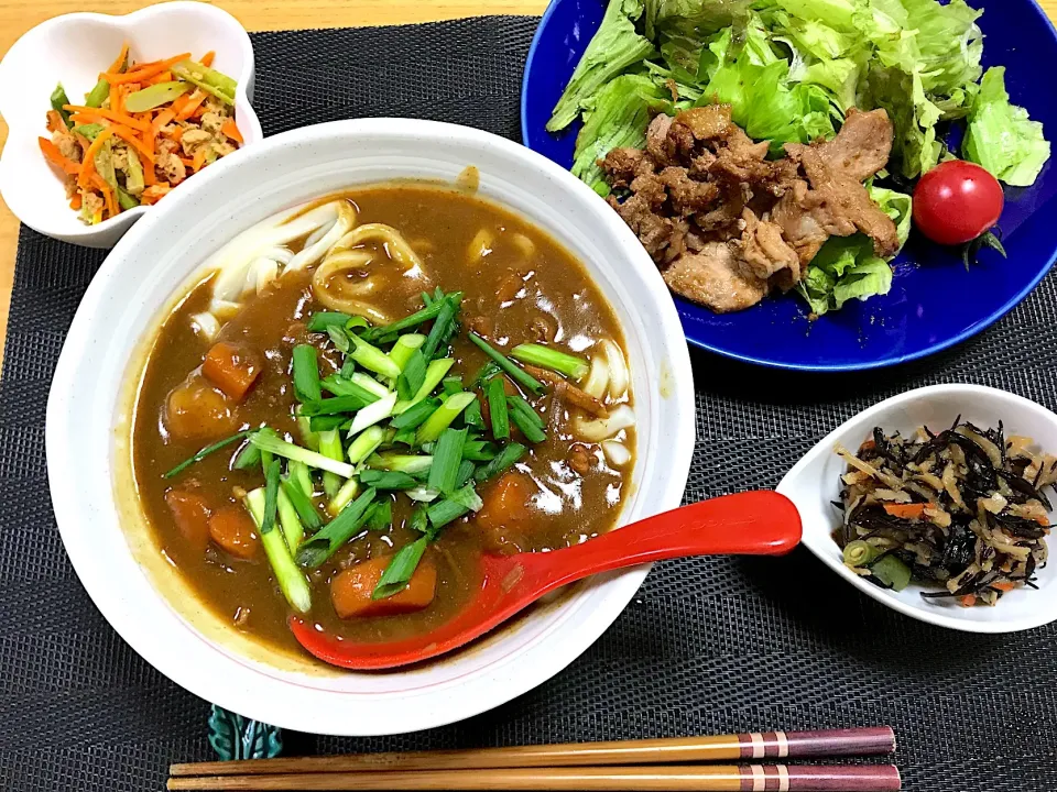 今日の晩御飯。常備菜 満載 #豚肉生姜焼き #カレーうどん|侑子さん