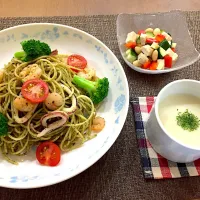 ジェノベーゼパスタ・チョップドサラダ・じゃがいものポタージュスープ|ごまたまごさん