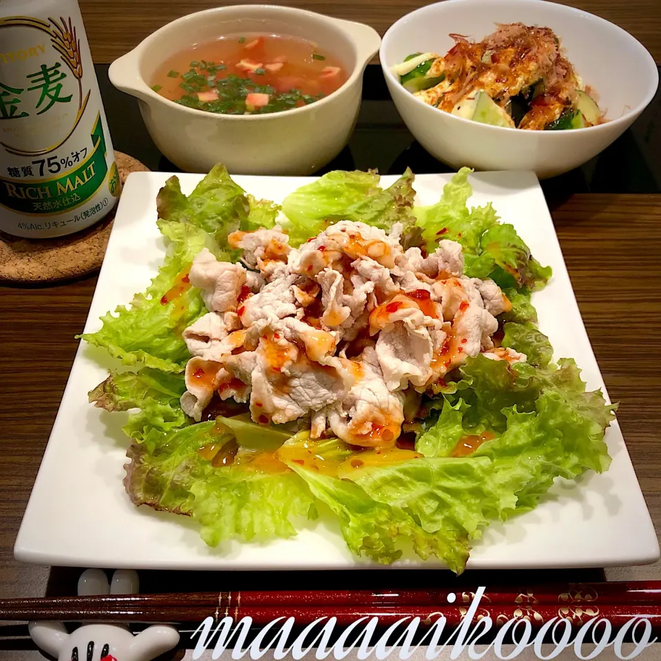 エスニック豚しゃぶ🐷トマトの冷製スープ🍅きゅうりサラダ🥒|マイコさん