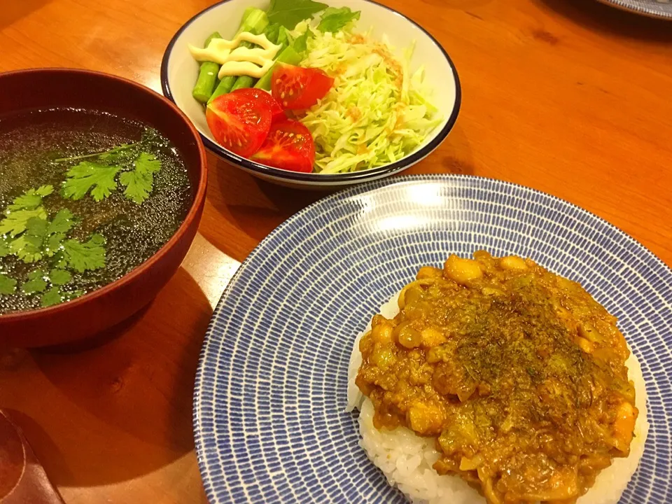 18/07/13 夕飯♪ ドライカレー  パクチースープ アスパラサラダ|ikukoさん