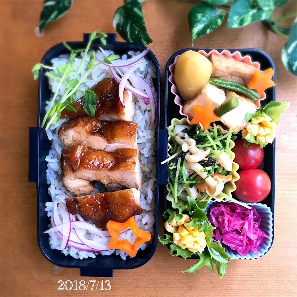 今日の娘弁当 2018.7.13🍱 桜央里ちゃんの料理 💕調味料三つで簡単美味しい🎶ジューシーチキンのさっぱり煮🐔✨|ばろんさん