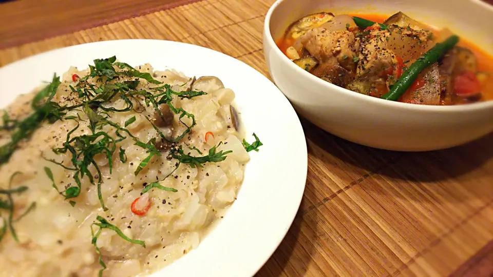 味噌ｸﾘｰﾑﾘｿﾞｯﾄと鶏肉のﾄﾏﾄ煮～
の晩ごはん✨|kaz(*･ω･)さん