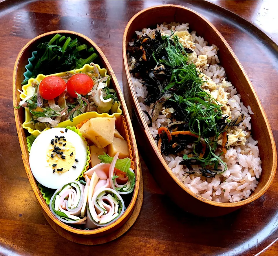 本日もお弁当🍱豚しゃぶサラダ🥗ほうれん草🥗筍煮付け🎍大葉チーズハムの巻き巻き🧀ゆで卵🥚 #息子弁当  #わっぱ弁当  #ぶたしゃぶサラダ  #ほうれん草のおひたし  #大葉  #ハム  #チーズ  #巻き巻き|Yukie  Toriseさん