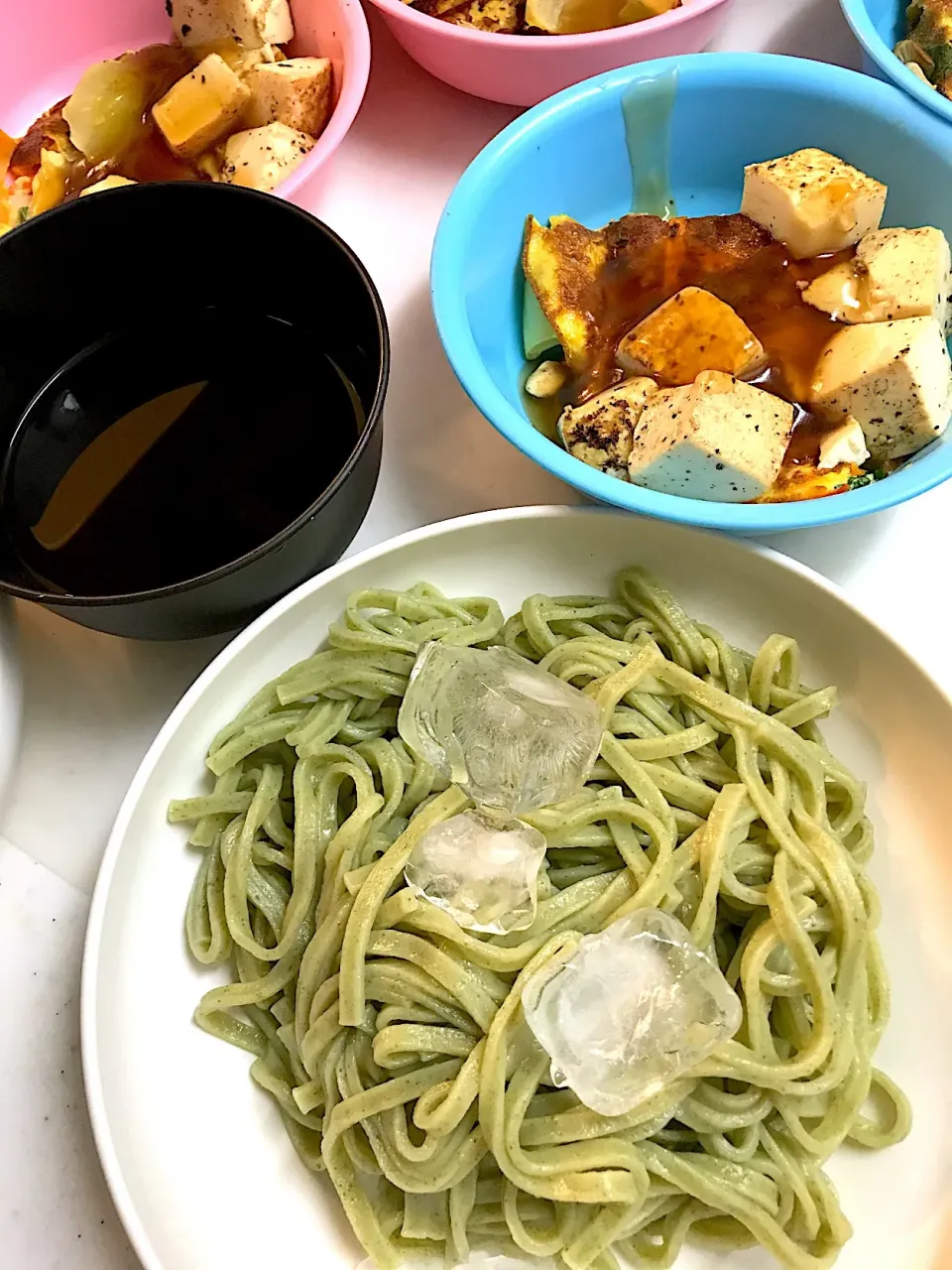 野菜卵豆腐焼き餡かけ、ワカメうどん|みウラさん