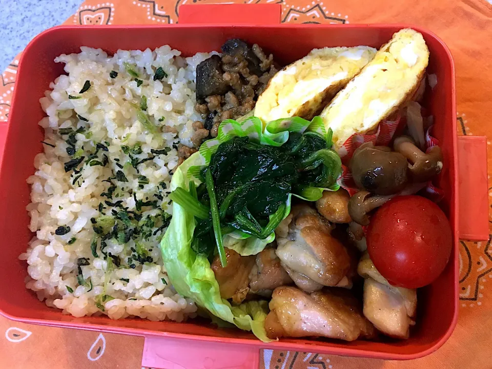 ♫7/19今日のお弁当♫〜焼き鳥、ほうれん草のお浸し、ナス味噌、だし巻き卵、きのこ煮、アイコ〜|Satokoさん