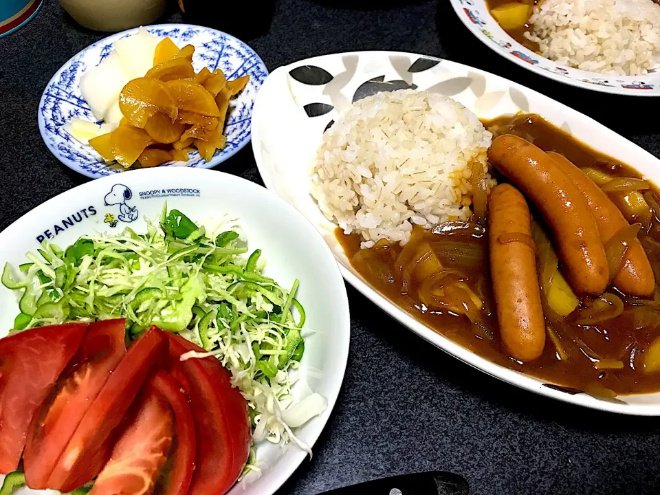 Snapdishの料理写真:もち麦飯ウィンナーカレーライス、トマト豆苗ピーマンキャベツサラダ、漬物|ms903さん