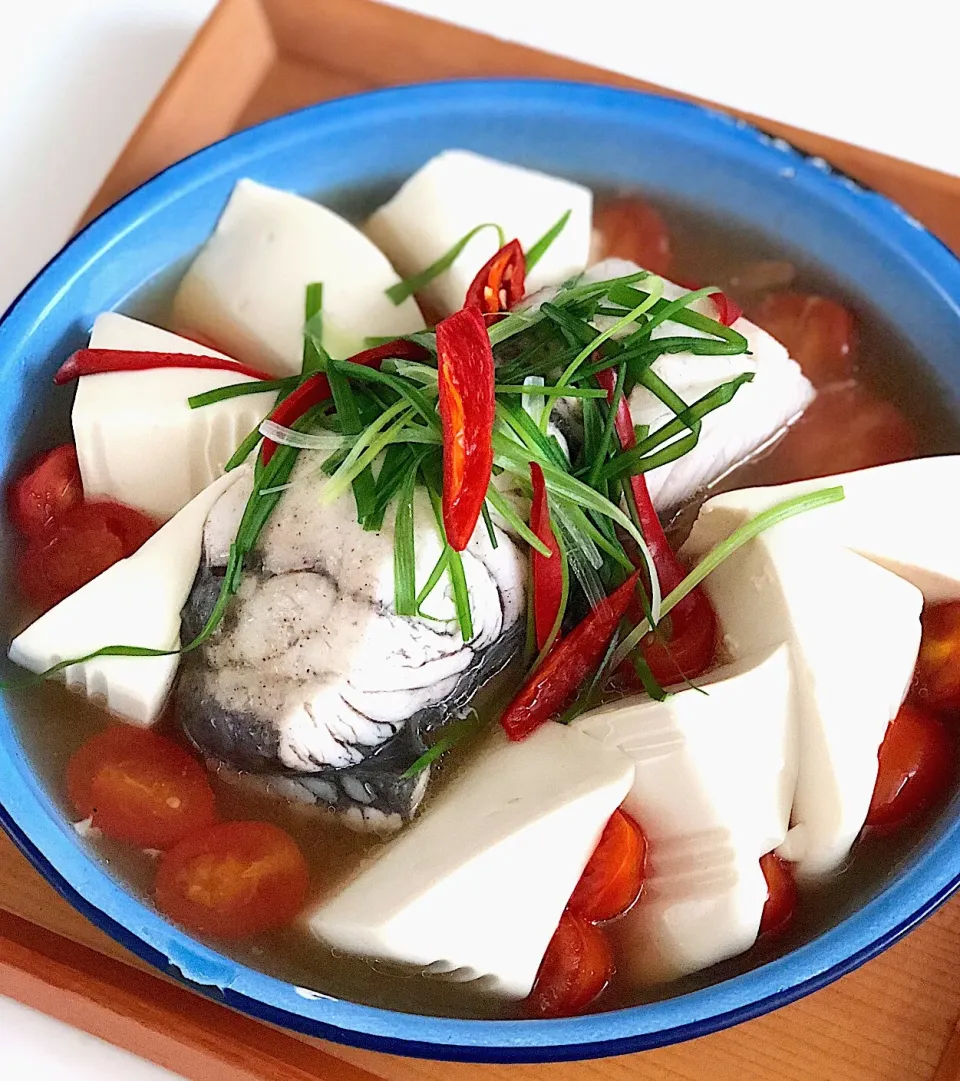 Steamed barramundi with tofu and tomatoes|12Dragonさん