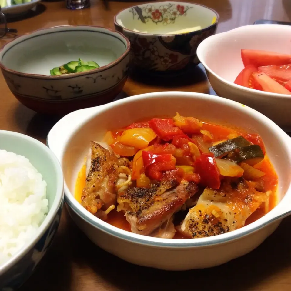 実家にて パリパリチキン ラタトゥイユ添え 2018.7.13|キラ姫さん