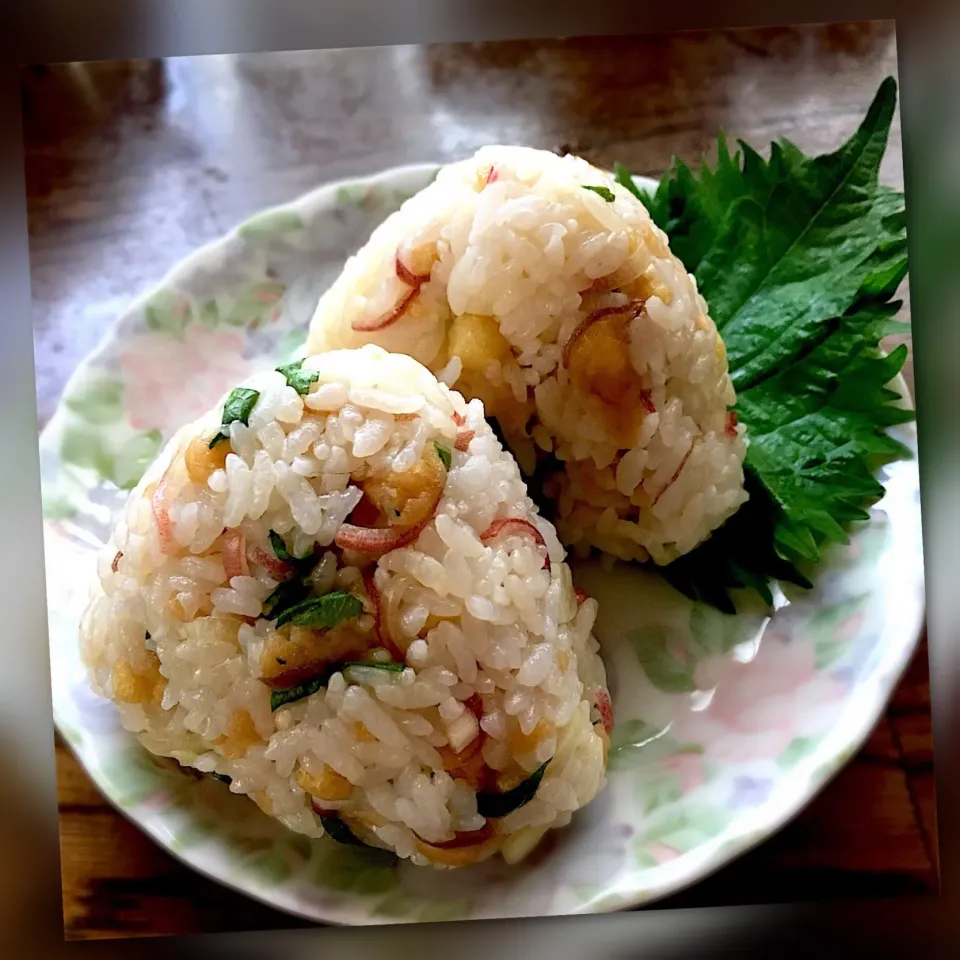 揚げ玉とみょうがと大葉のおにぎり🍙|みなさん