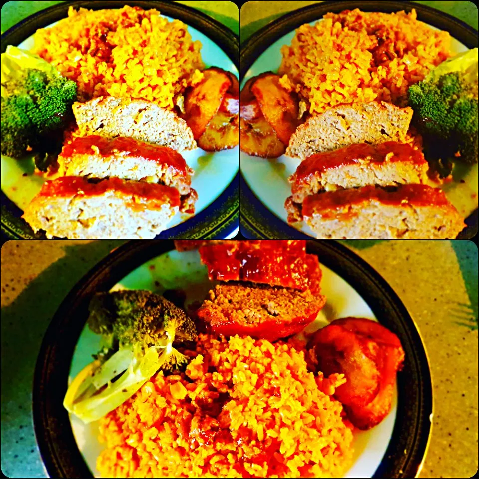 Meatloaf with Sauteed Mushrooms and Onions, Kabassa Sausage Saffron Corn in Rice with Steamed Broccoli and Sweet Fried Plantains.|Juan Simmsさん