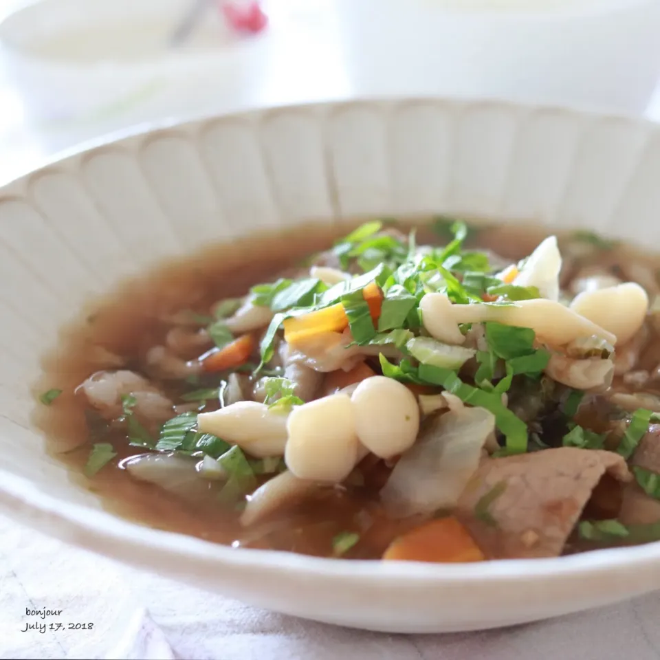 Snapdishの料理写真:いろいろ野菜きのこ豚のスープ🥄|yasuko murakamiさん