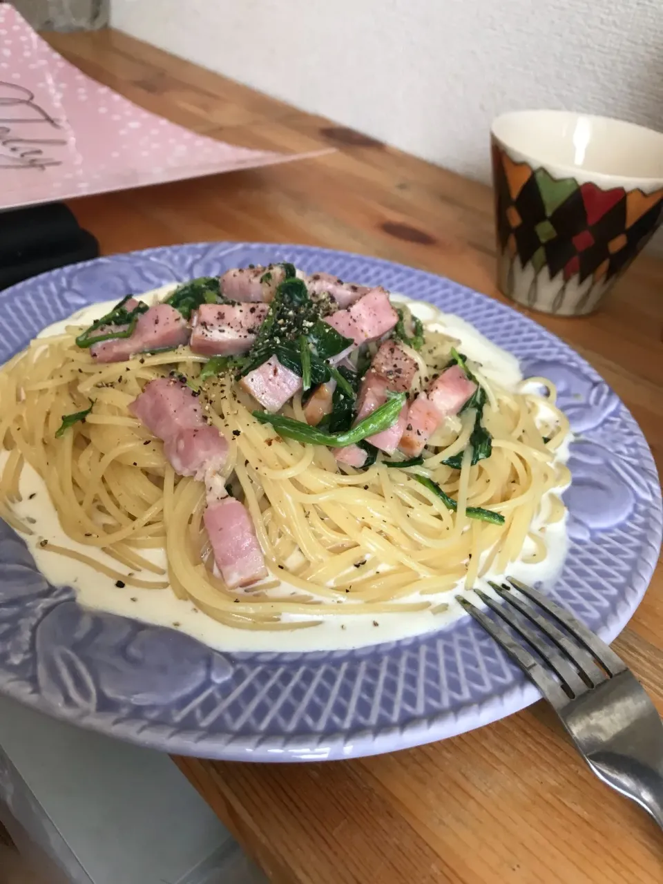 Snapdishの料理写真:ほうれん草とベーコンのクリームパスタ|rieさん