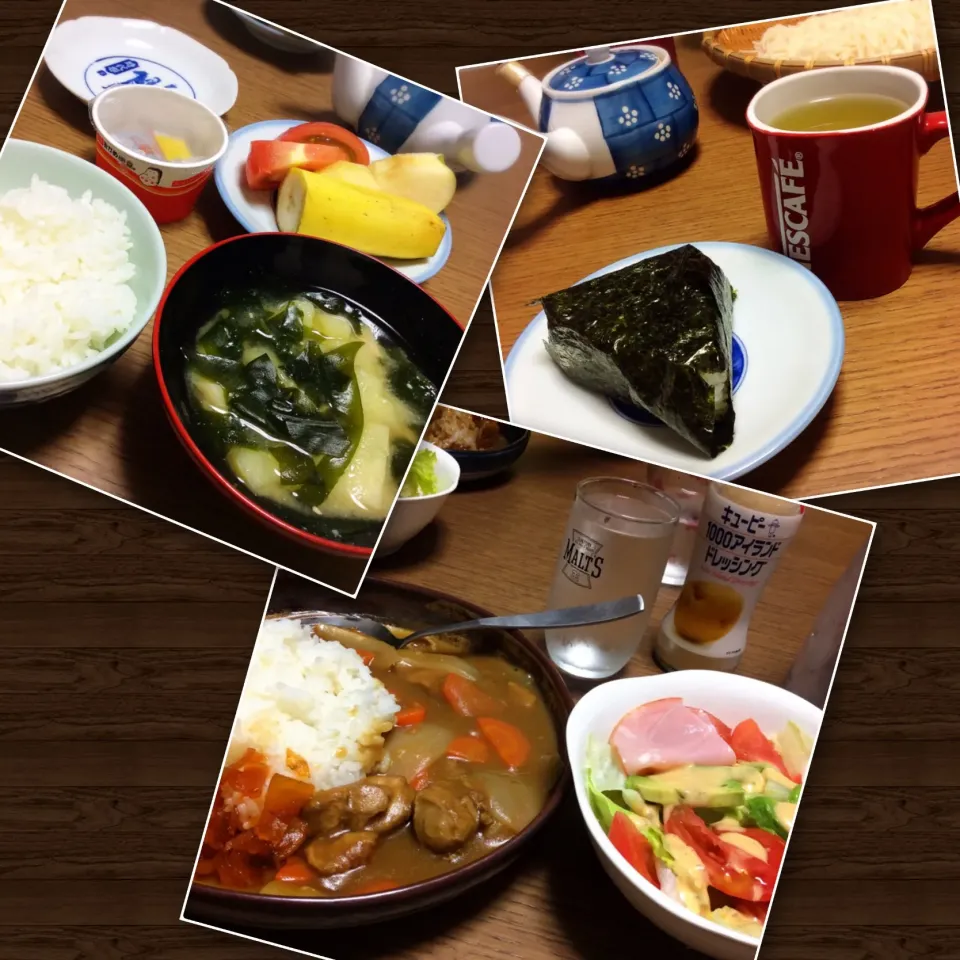 実家にて わかめとじゃがいものお味噌汁 & 納豆／コンビニおにぎり／チキンカレーライス & トマトとアボカドのサラダ 2018.7.17|キラ姫さん