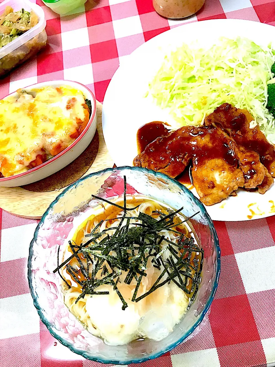 Snapdishの料理写真:🌿トンテキ🌿ゴーヤのラタトゥイユチーズ焼き🌿とろろ、大葉、生姜の甘酢そうめん|☆光るさん