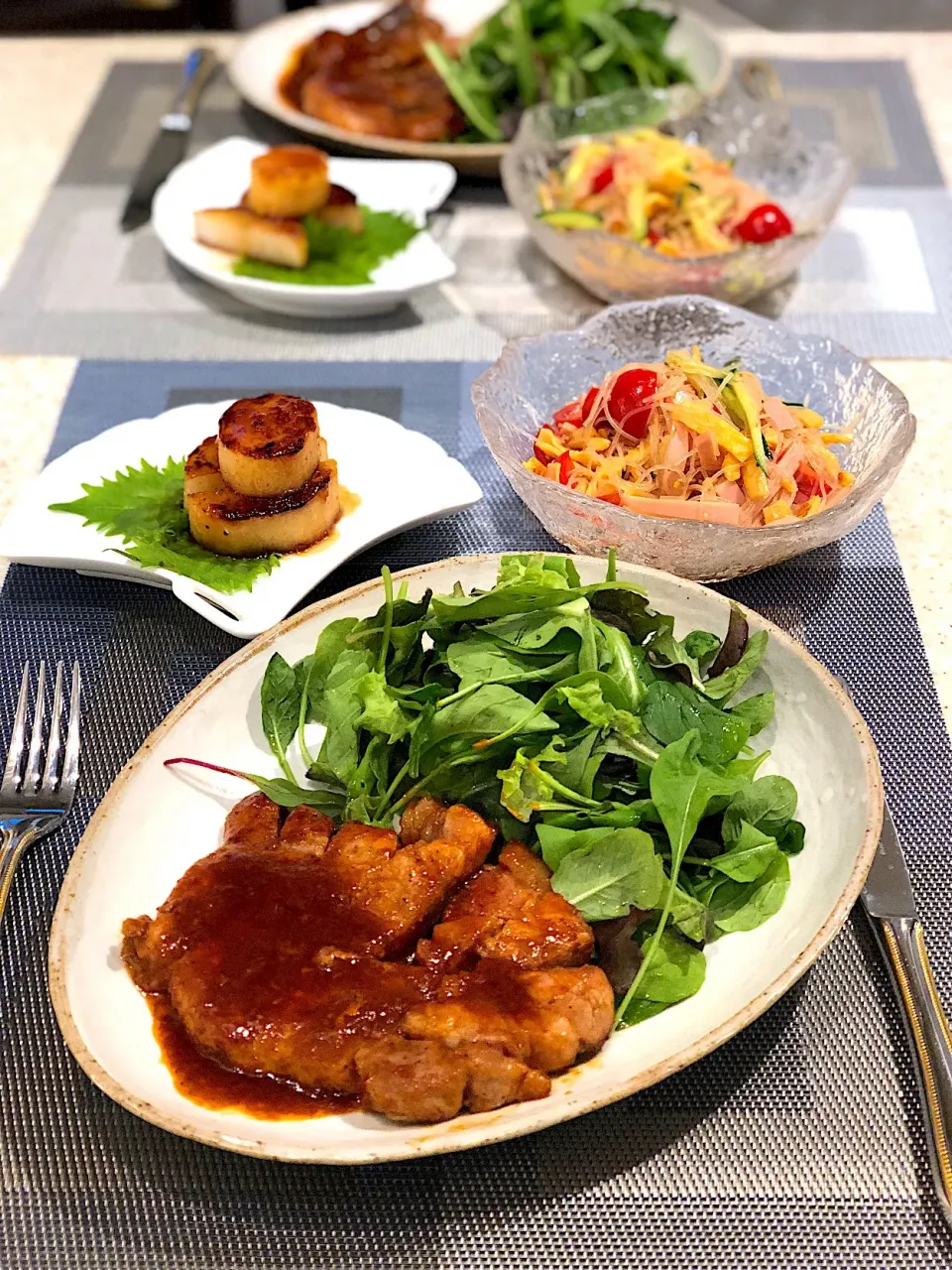 ポークチャップ🐽 長芋ステーキ 春雨サラダ🥗|Mayumiさん