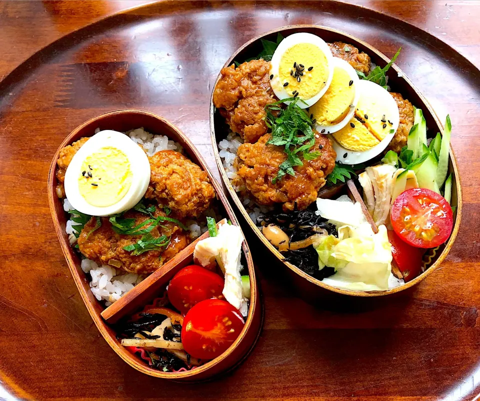 本日もお弁当🍱ミニ煮込みハンバーグ（セゾンファクトリーのトマトケチャップ使用）🍛バンバンジー風サラダ🥗ひじき煮付け🖤プチトマト🍅ゆで卵🥚 #息子弁当  #わっぱ弁当  #煮込みハンバーグ  #バンバンジー  #サラダ  #プチトマト🍅  #ゆで卵 #札幌#中島公園|Yukie  Toriseさん