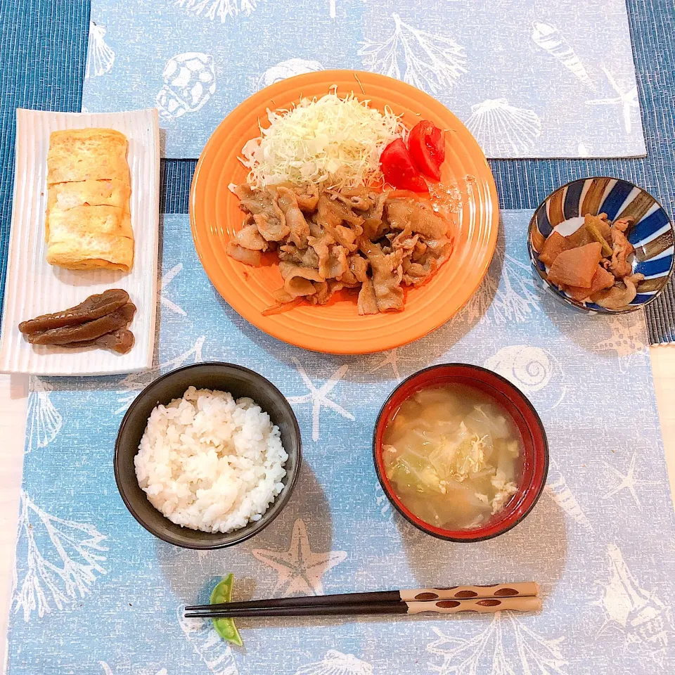 生姜焼き、ハム入り卵焼き、大根の煮物、おやさいスープ|♡mii's kitchen♡さん