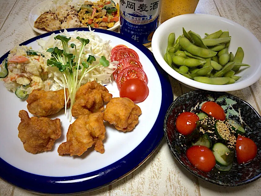 今日の男飯(｡-_-｡)やめられない止まらない朝採り枝豆🎶酢の物&唐揚げwith 自作ポテトサラダ🥗🎶&作り置きつまみ🎶|ひーちゃんさん