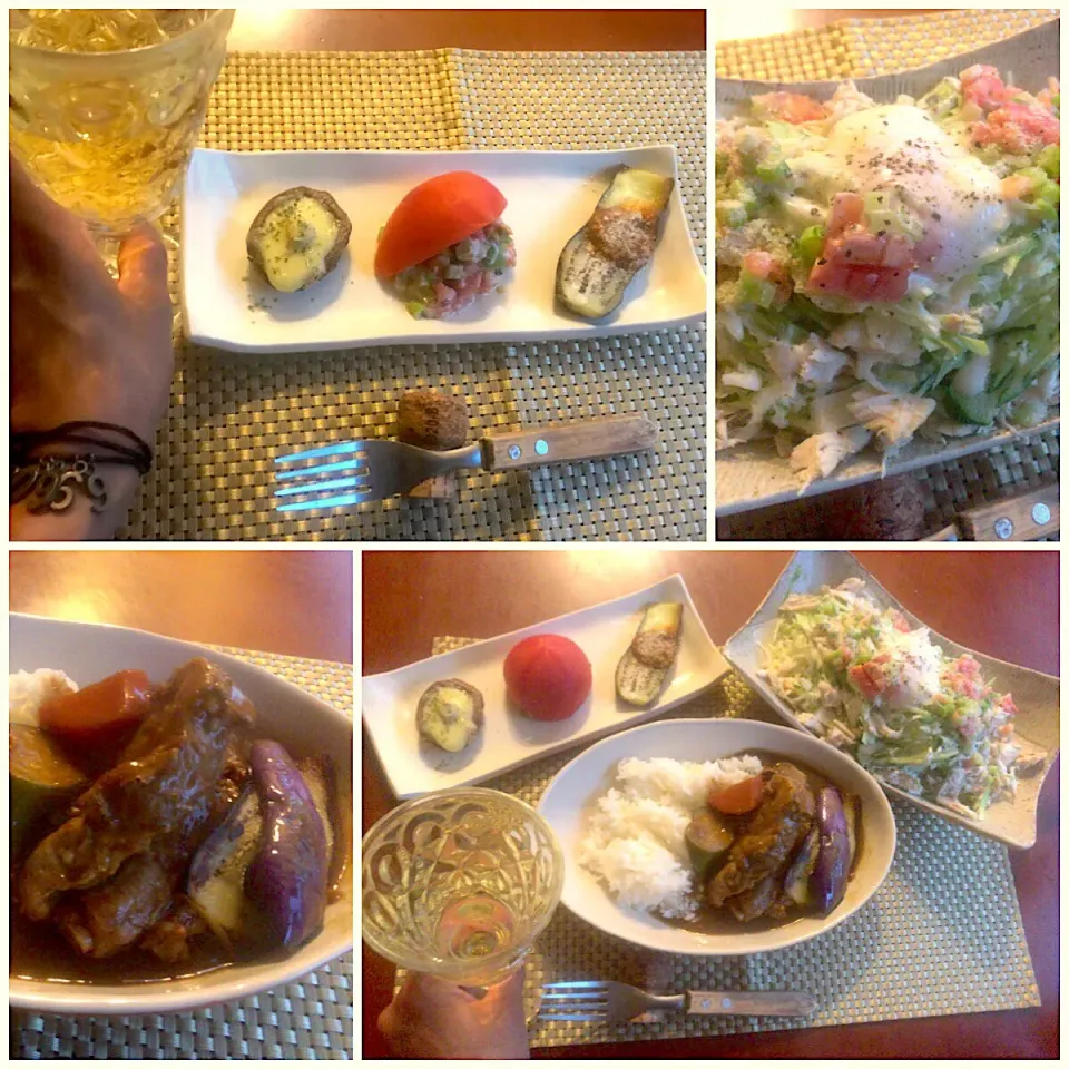 Snapdishの料理写真:Today's Dinner🍴前菜･ﾊﾞｼﾞﾙﾁｷﾝのｼｰｻﾞｰｻﾗﾀﾞ･夏野菜のｽﾍﾟｱﾘﾌﾞｶﾚｰ|🌈Ami🍻さん