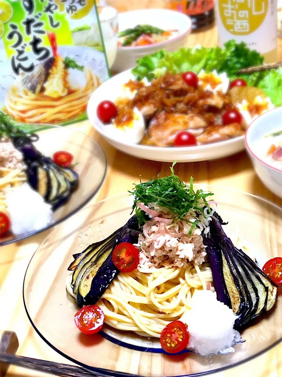 Snapdishの料理写真:冷やしすだちパスタ（揚げなす🍆とツナのせ）|シフォンさん