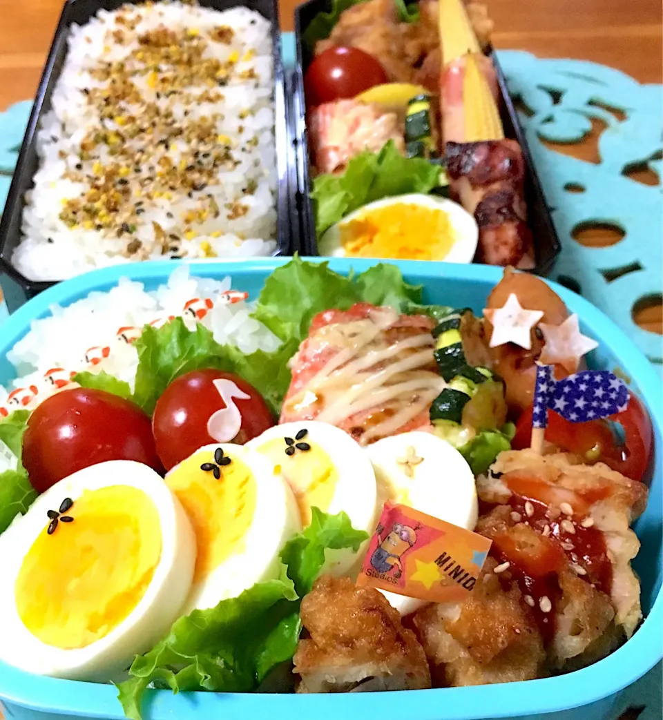 Snapdishの料理写真:#夏休み弁当  #学童  #男子弁当  #弁当女子 
 #ランチボックス  #お昼ご飯 
 #ゆで卵  #サーモンマヨチーズ焼き|tomokoさん