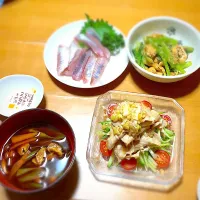 冷しゃぶ アジの刺身 小松菜の胡麻和え 
味噌汁|伊藤幸恵さん