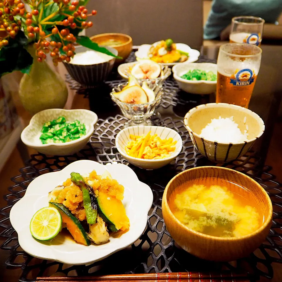 ✣鯛と野菜の焼き浸し
✣長芋とオクラの和え物
✣にんじんしりしり
✣豆腐とわかめの味噌汁|はらしおりさん