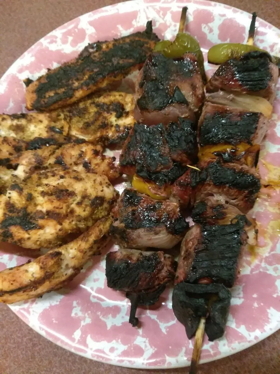 Snapdishの料理写真:grilled stk kabobs and grilled chix|Polly Gelfusoさん