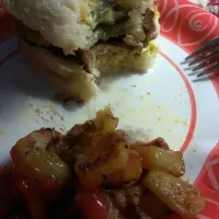 vegan burger on thick bread with mustard mayo and spicy pickles. and potatoes side|Polly Gelfusoさん