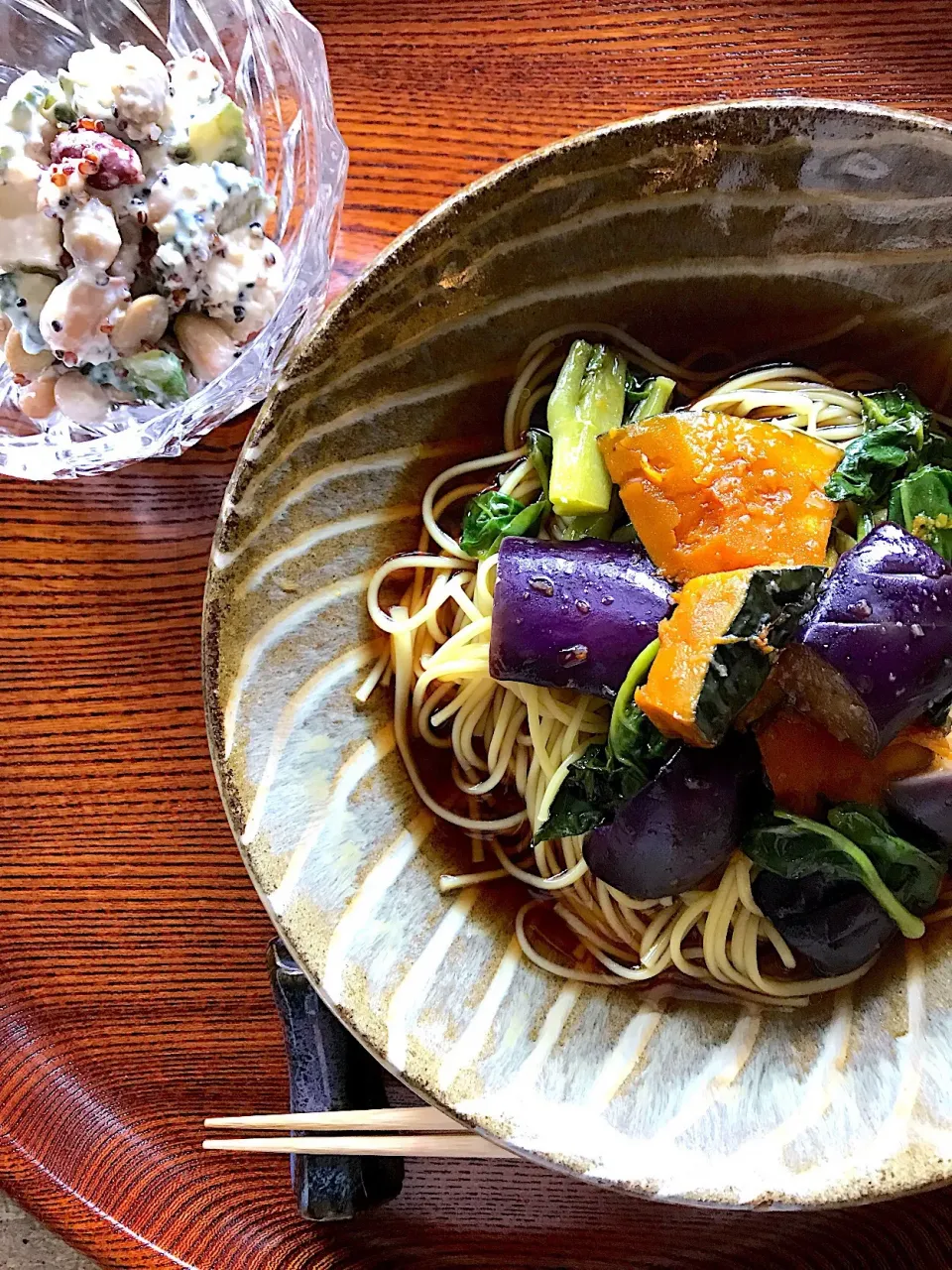 Snapdishの料理写真:揚げ茄子と南瓜、ツルムラサキの黒酢和え麺
ゴーヤと島豆腐の豆乳ヨーグルト白和え|Kaori Shimizuさん