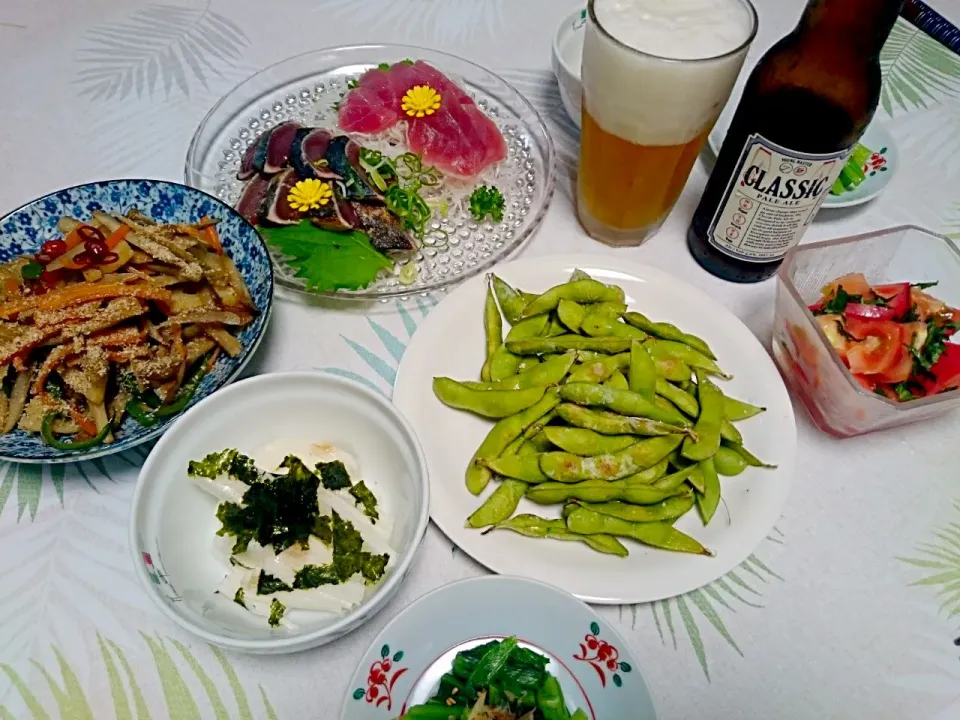 ☆今日の晩ごはん☆  お造り  きんぴんら  焼き枝豆      小松菜合え  山芋の短冊  トマト|hamamaさん