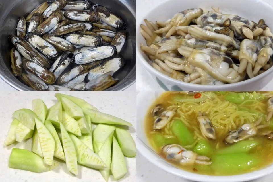 Snapdishの料理写真:noodle soup with razor clams and loofah|steven z.y.さん