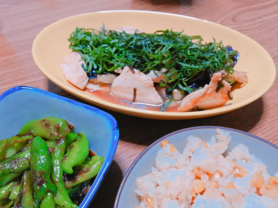 ・鶏胸肉と茄子の塩昆布炒め
・ししとうのおかか和え
・とうもろこしご飯|ようかんさん