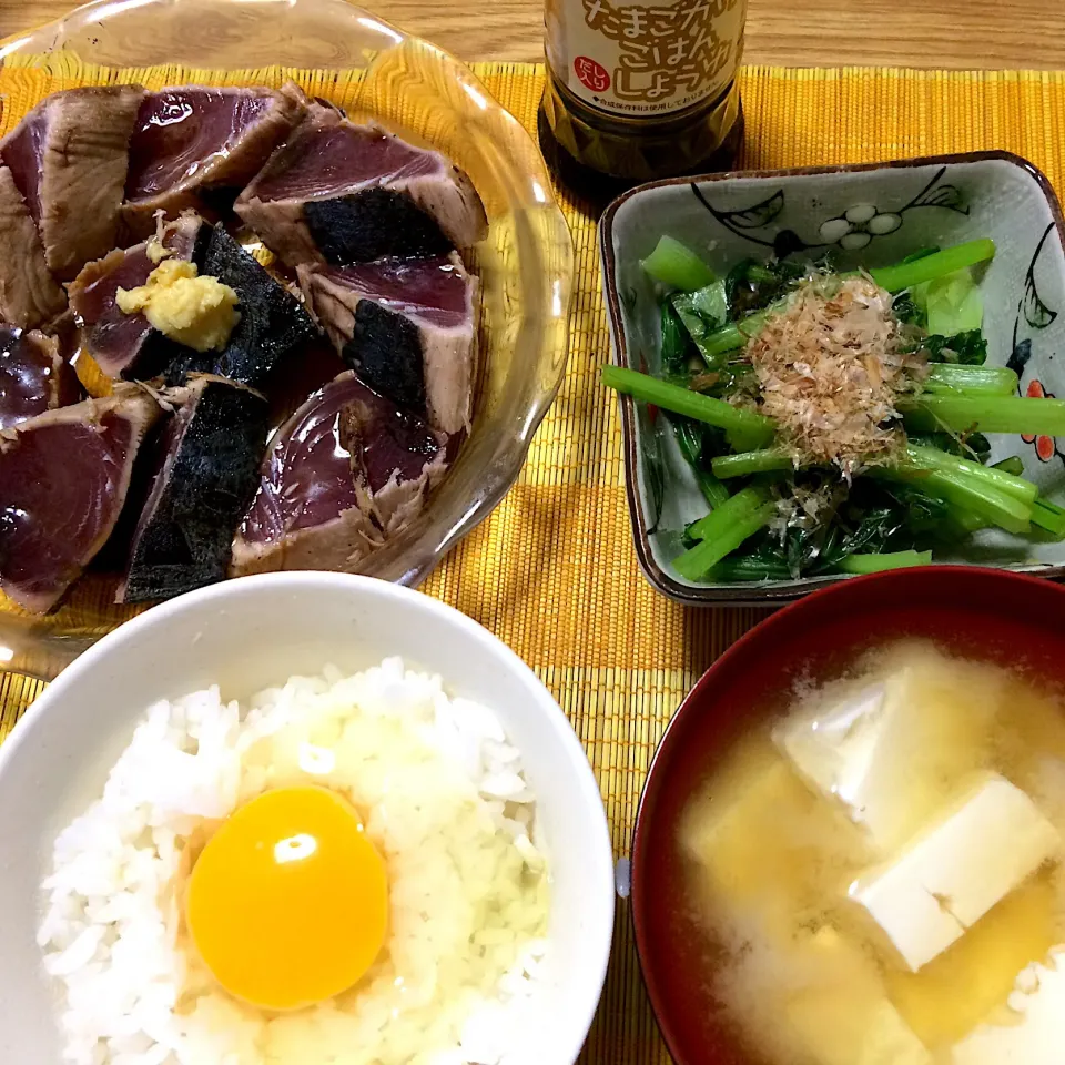 2018/07/31 カツオたたき、卵かけご飯、小松菜おひたし|kykyさん