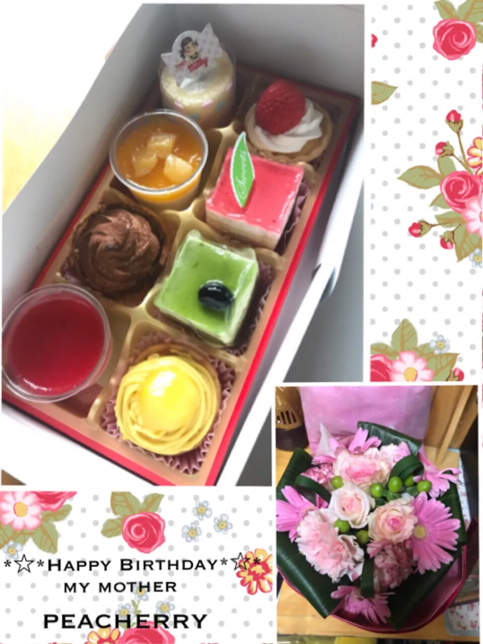 Snapdishの料理写真:*☆*Happy Birthday*☆*my mother😊🎉プチケーキと愛を込めて花束を💐😊|☆ぴ〜ちゃん☆さん