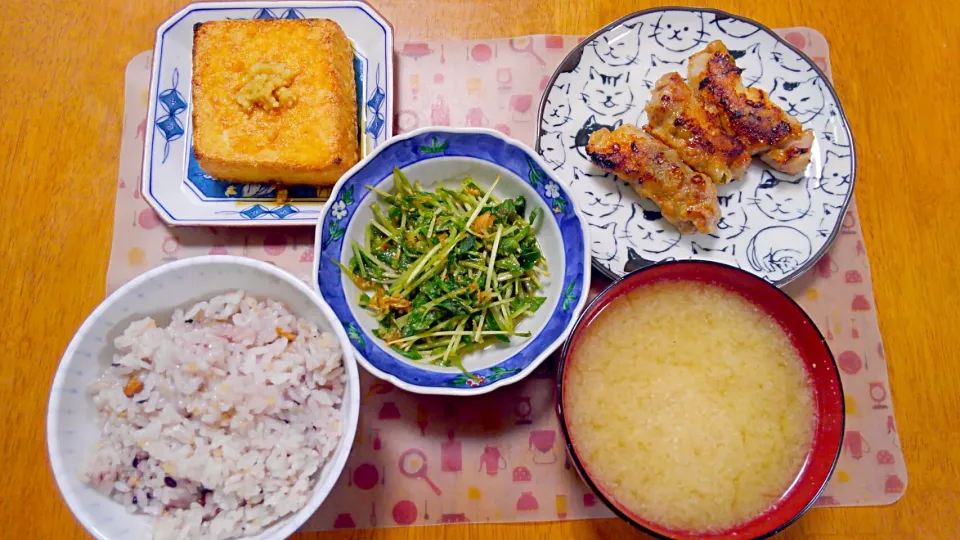 ７月８日　しそみそ肉巻き　豆苗サラダ　厚揚げ　お味噌汁|いもこ。さん