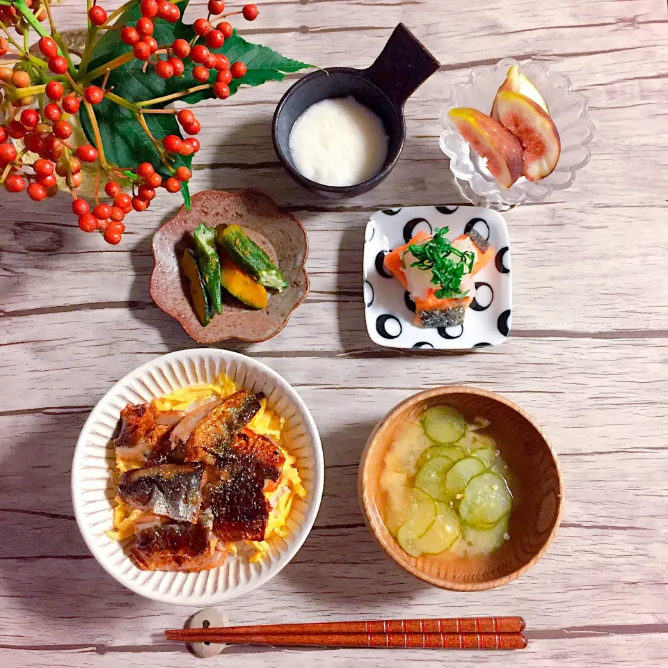 Snapdishの料理写真:✣イワシの蒲焼き丼
✣鮭のおろしポン酢和え
✣とろろ
✣かぼちゃとオクラのサブジ
✣きゅうりと薄揚げの胡麻味噌汁|はらしおりさん