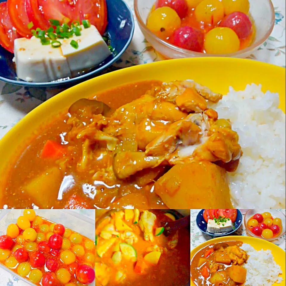 Snapdishの料理写真:チキンカレー＆カラフルプチトマトサラダ＆トマトと豆腐|うたかた。さん